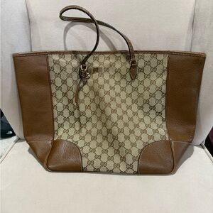 Gucci GG Canvas Large Tote Brown Leather Trim Shoulder Bag